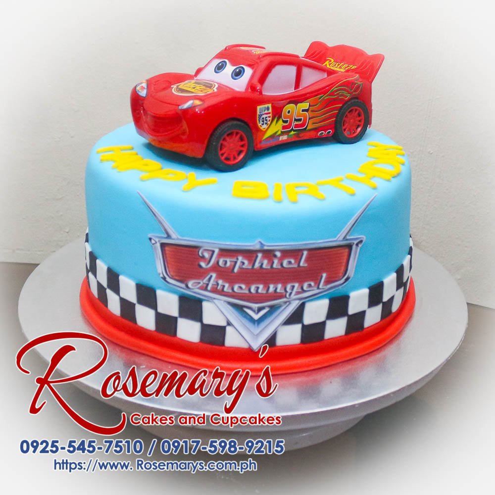 One-layer Cars themed cake featuring Lightning McQueen, crafted by Rosemary's Cakes. Contact: 0925-545-7510.