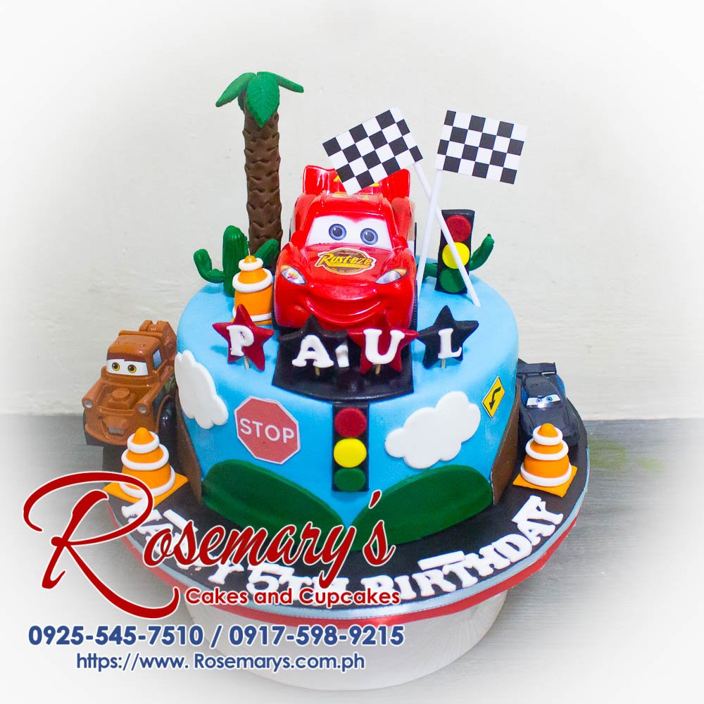 Delicious 1-layer Cars themed cake featuring Lightning McQueen, perfect for any celebration. From Rosemary's Cakes, contact 0925-545-7510.