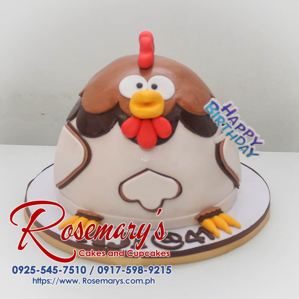 Delicious brown and orange chicken-themed cake with intricate details. Custom cakes by Rosemary's Cakes, call 0917-598-9215.