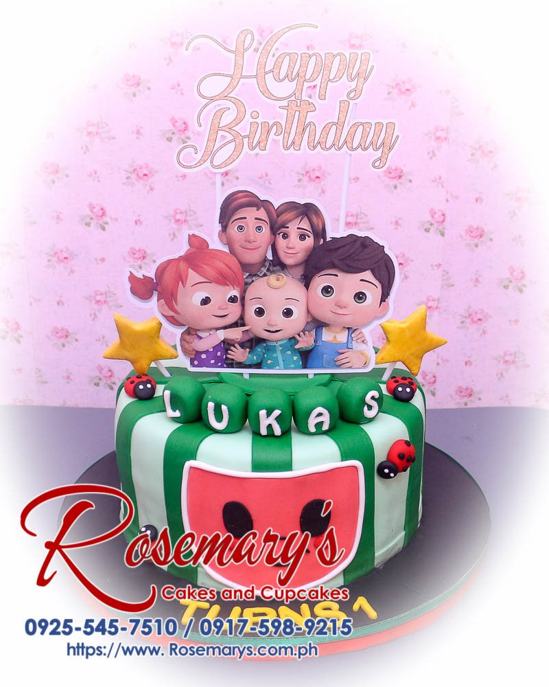 Delicious Cocomelon themed cake with vibrant colors and playful design, perfect for a child's celebration. From Rosemary's Cakes, 0917-598-9215.