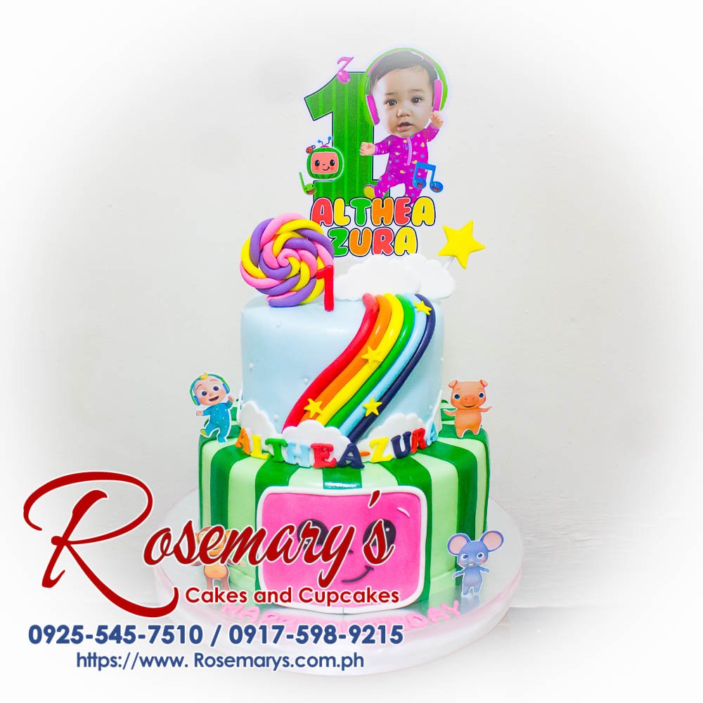Cocomelon Themed 2 Layer Cake for Althea Zura Cocomelon themed 2 layer cake with vibrant colors and fun decorations, perfect for celebrations. Order from Rosemary's Cakes: 0925-545-7510.