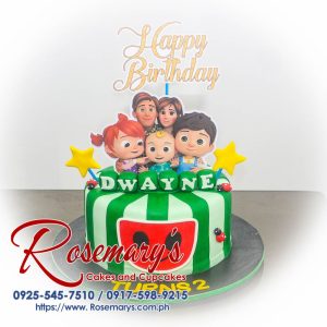 One-layer, green Cocomelon-themed cake with cheerful decorations. Perfect for birthdays! Order from Rosemary's Cakes: 0917-598-9215