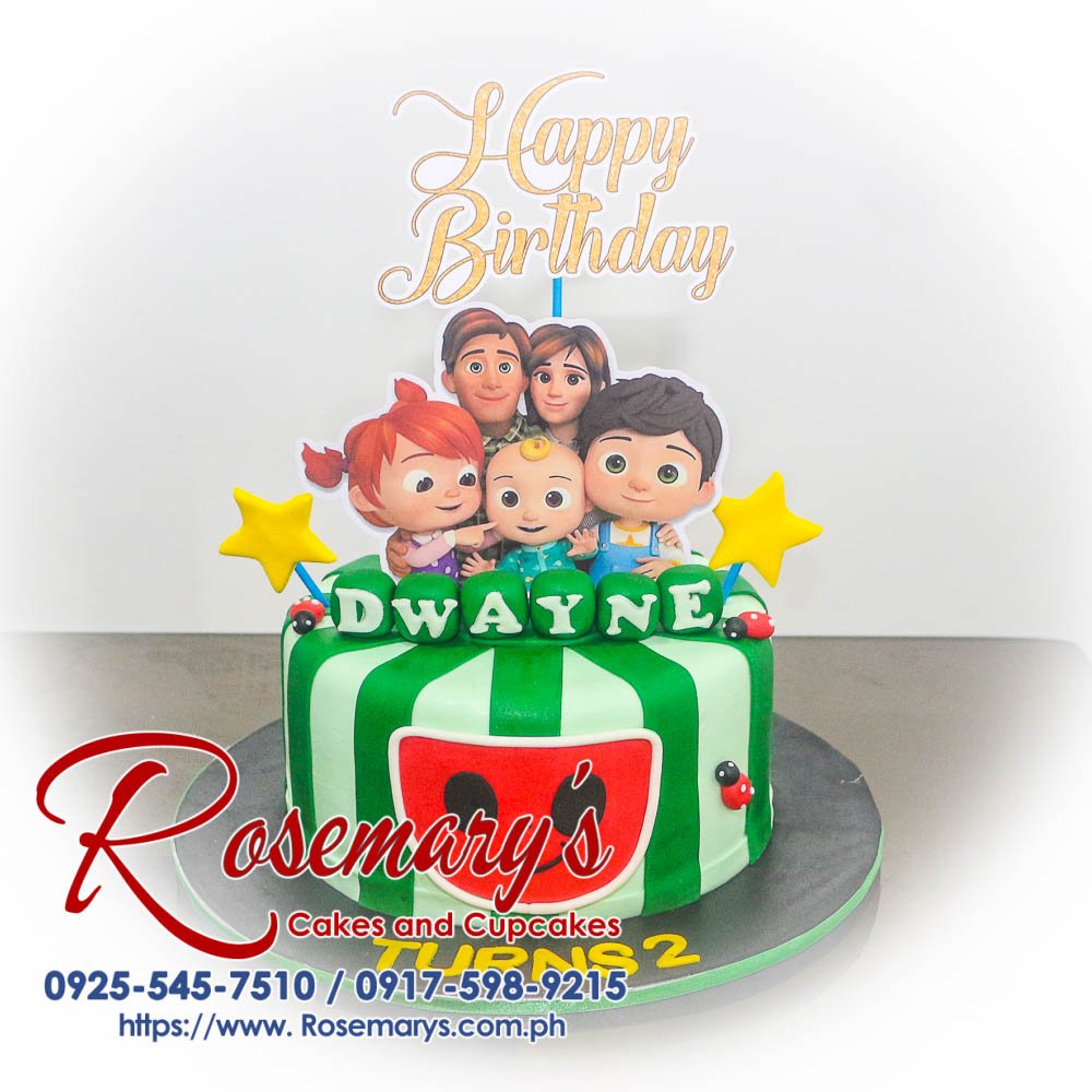 One-layer, green Cocomelon-themed cake with cheerful decorations. Perfect for birthdays! Order from Rosemary's Cakes: 0917-598-9215