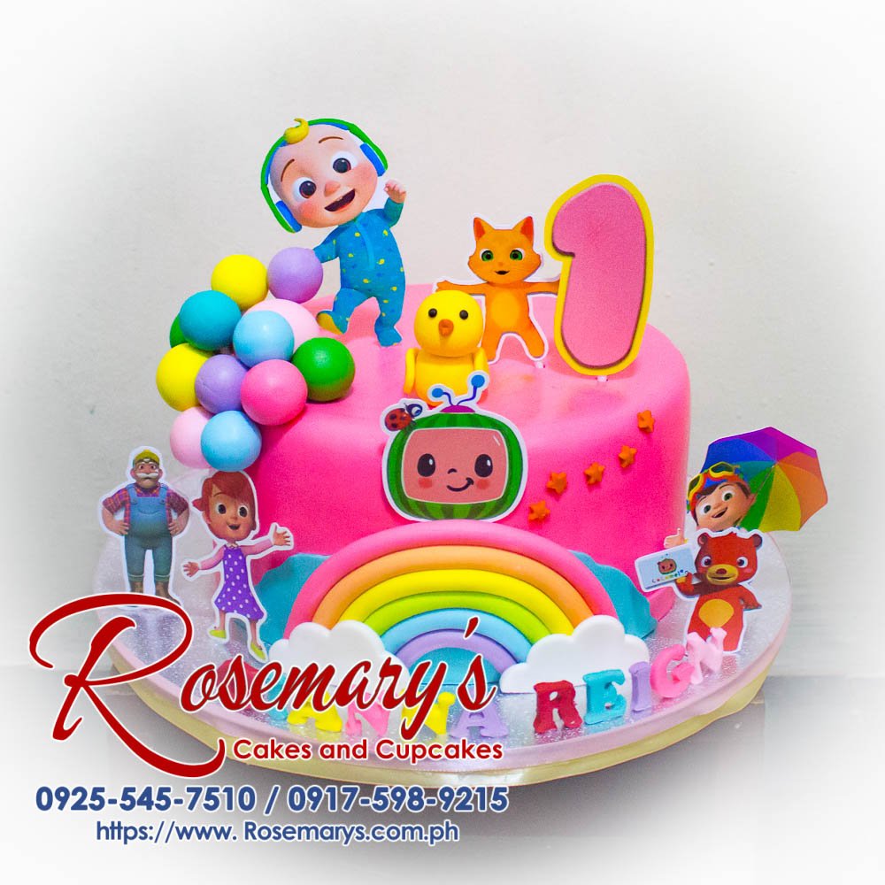 Cocomelon themed cake featuring pink hues, perfect for celebrations. Order from Rosemary's Cakes at 0917-598-9215.