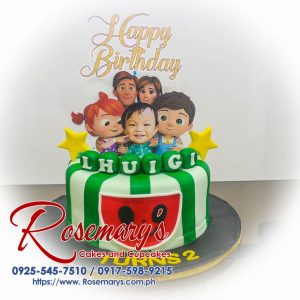 One-layer Cocomelon themed cake with vibrant green frosting and playful details. Order your custom cake from Rosemary's Cakes! Call 0917-598-9215.