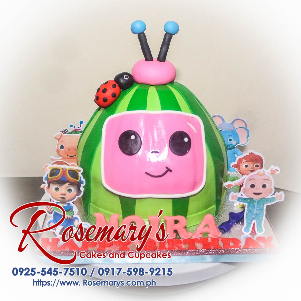 Cocomelon themed 1 layer cake by Rosemary's Cakes, decorated with vibrant colors and playful designs. Call 0925-545-7510.