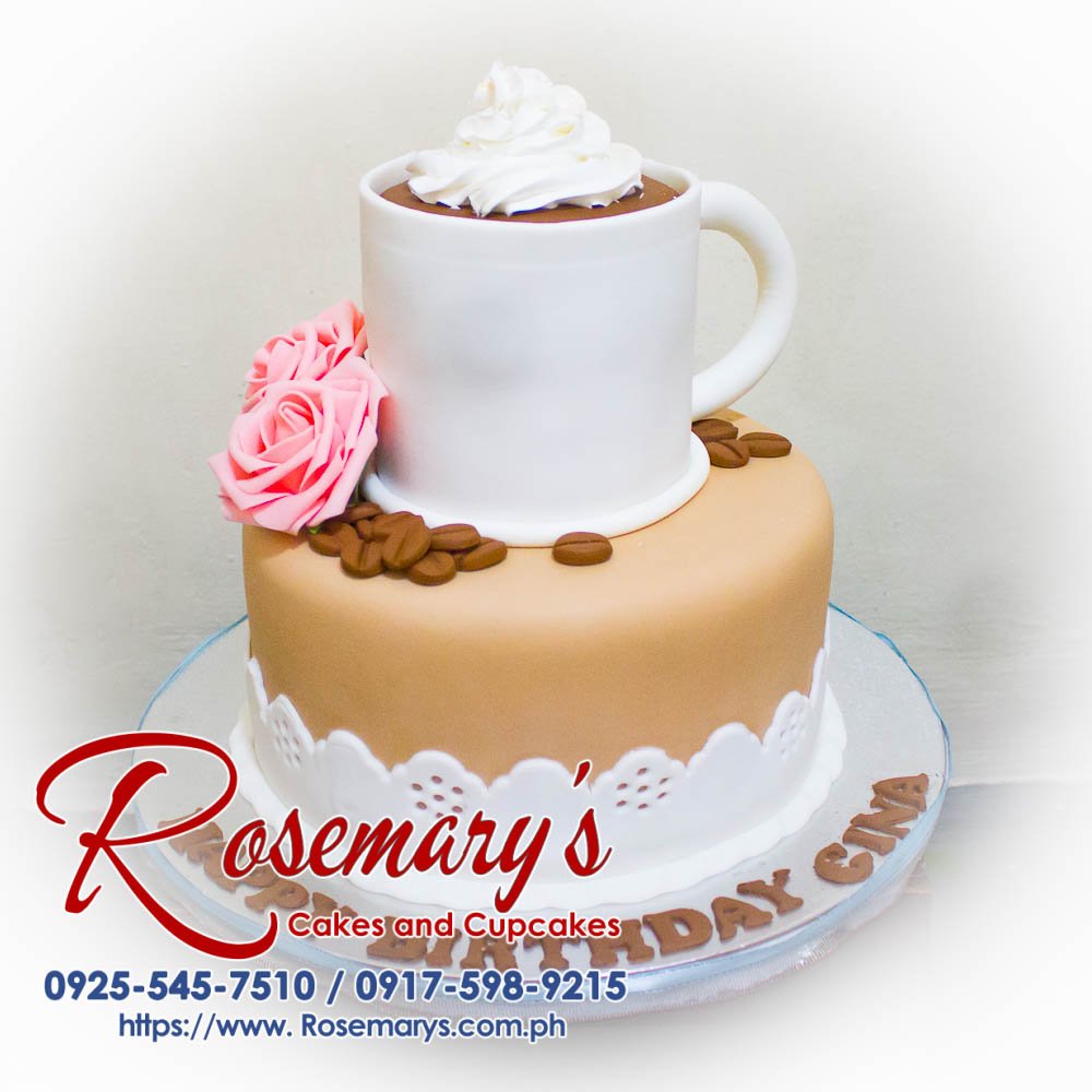 Coffee Themed 2 Layer Cake for Gina Delicious 2 layer coffee-themed cake by Rosemary's Cakes, perfect for wedding anniversaries. Contact: 0917-598-9215.