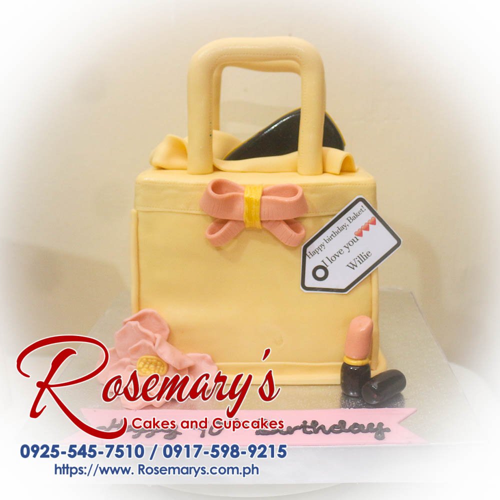 Delicious yellow 1-layer designer bag themed birthday cake from Rosemary's Cakes, perfect for celebrating! Contact: 0925-545-7510.