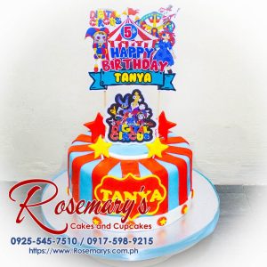 One-layer digital circus themed cake with vibrant colors and playful decorations. Order your custom cake from Rosemary's Cakes! Call 0925-545-7510.