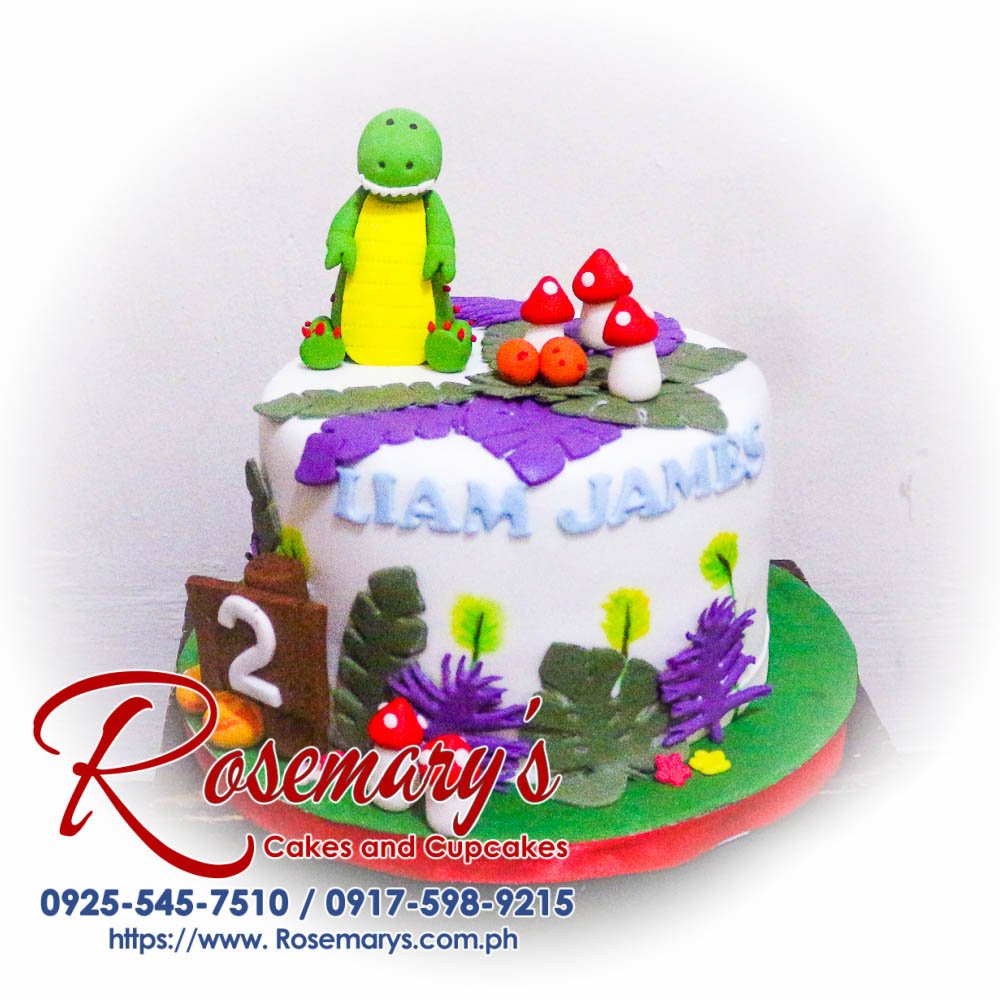 Delicious dinosaur-themed 1-layer cake by Rosemary's Cakes, perfect for birthdays. Contact: 0917-598-9215.