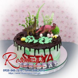 Delicious dinosaur-themed 1 layer cake from Rosemary's Cakes, featuring vibrant green design. Contact: 0917-598-9215.