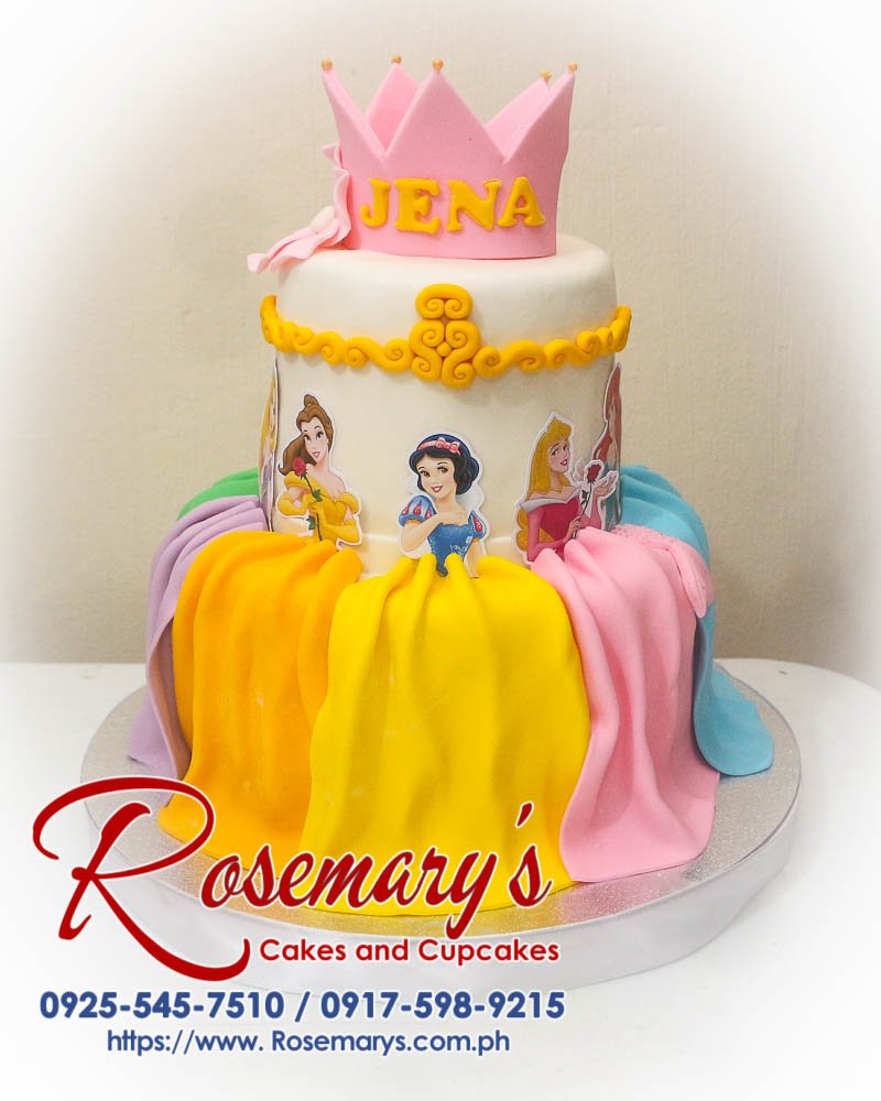 Two-layer pink Disney Princess themed cake with vibrant toppings, perfect for celebrations. Order from Rosemary's Cakes, 0925-545-7510.