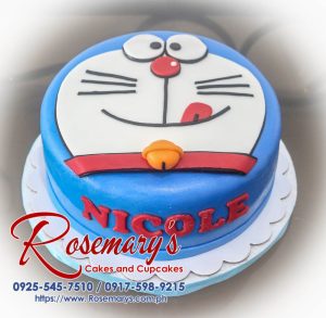 Delicious one-layer blue and red birthday cake featuring a playful Doraemon design. Order your custom cake from Rosemary's Cakes! Call 0925-545-7510.