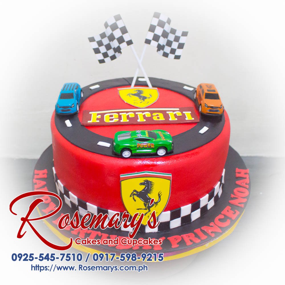 Ferrari-themed 1-layer cake featuring rich red design and car details, perfect for celebrations. Order at Rosemary's Cakes, 0925-545-7510.