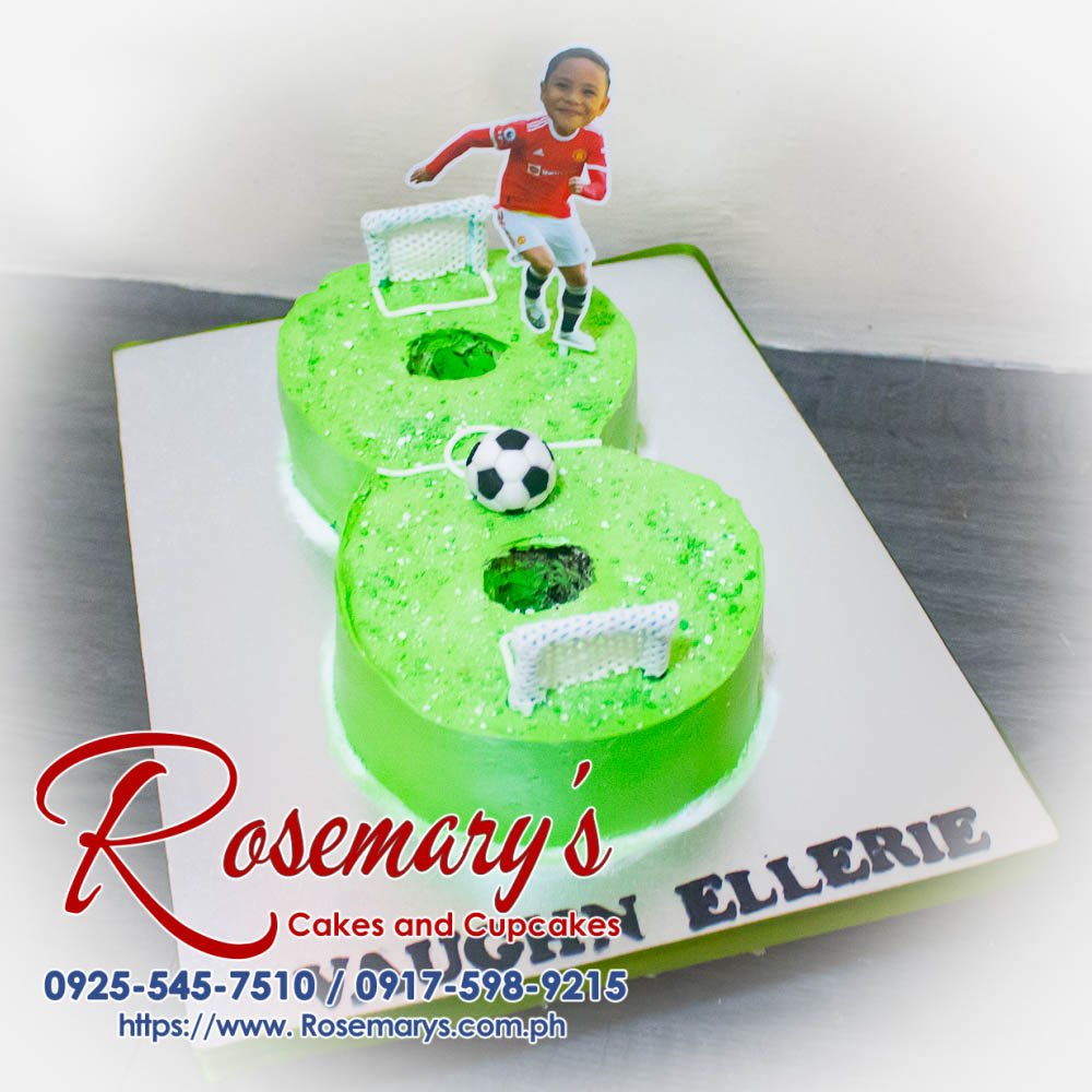 Delicious football-themed number cake, beautifully decorated, perfect for celebrations. Order from Rosemary's Cakes at 0925-545-7510.