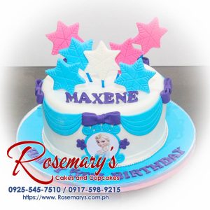 Delicious one-layer blue and purple Frozen-themed cake. Perfect for birthdays! Order your custom cake from Rosemary's Cakes: 0917-598-9215.