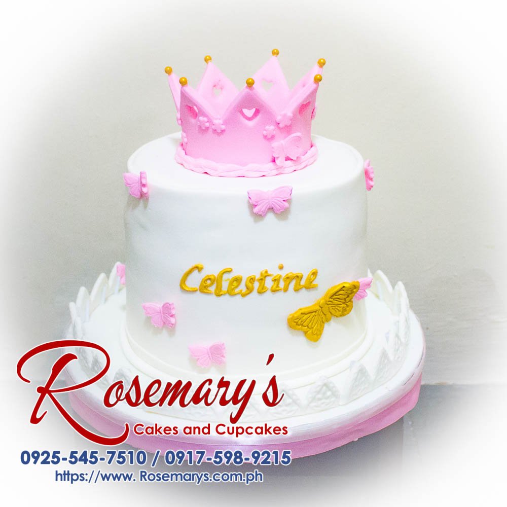 Delicious one-layer pink and gold princess themed cake adorned with delicate details. Order your custom cake from Rosemary's Cakes! Call 0917-598-9215.