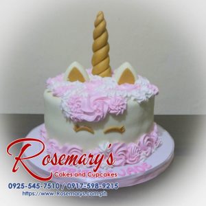 Delicious one-layer pink unicorn cake with gold accents. Order your themed cake from Rosemary's Cakes! Call 0925-545-7510.