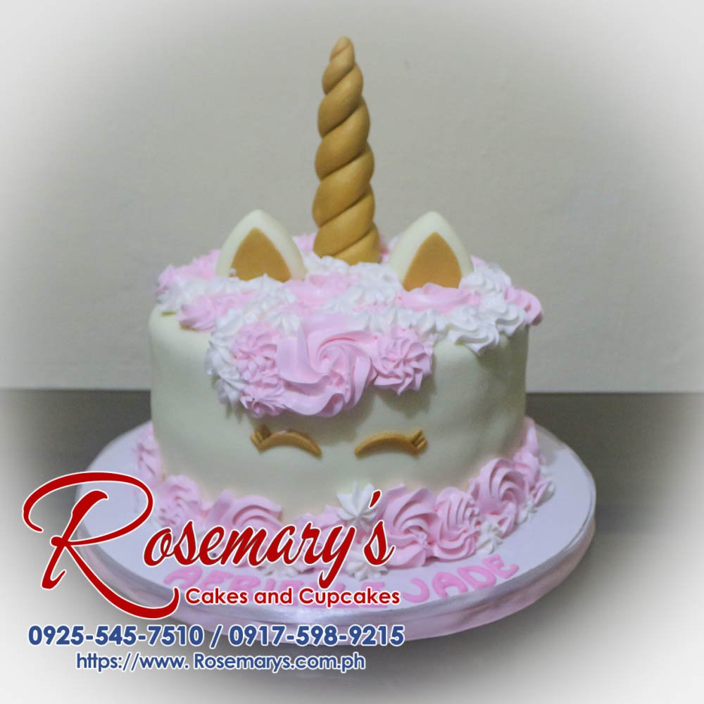 Golded Unicorn Cake for Aerielle Jade Delicious one-layer pink unicorn cake with gold accents. Order your themed cake from Rosemary's Cakes! Call 0925-545-7510.