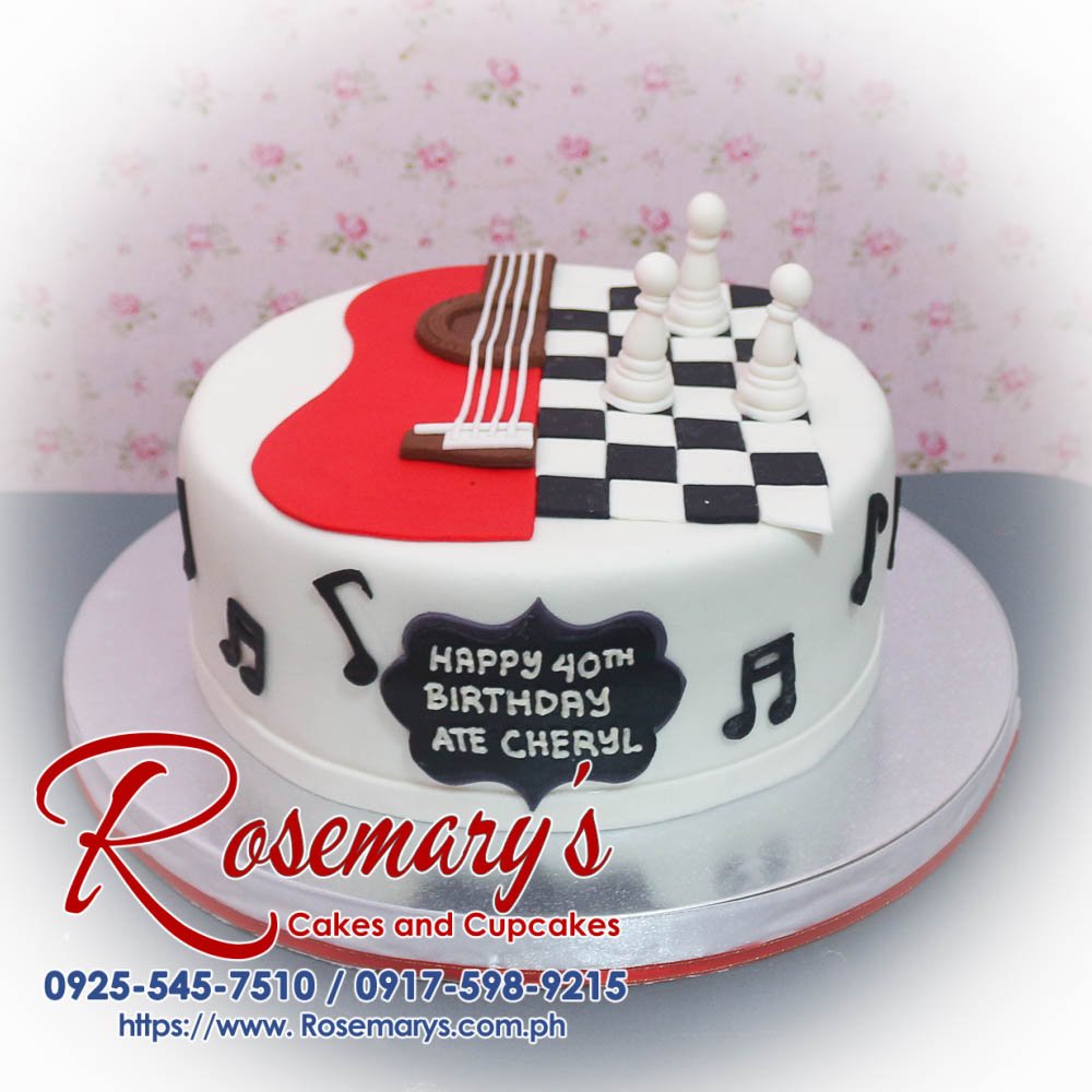 Delicious 1-layer black and white themed cake with guitar and chess designs from Rosemary's Cakes. Contact 0925-545-7510.