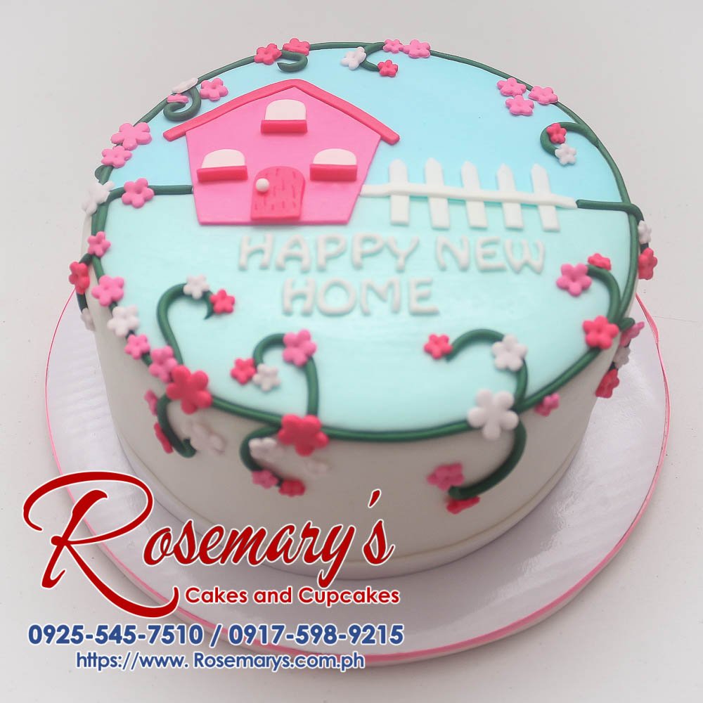 Delectable one-layer chocolate cake decorated with buttercream frosting and edible fondant flowers forming a charming house design. Rosemary's Cakes - 0925-545-7510