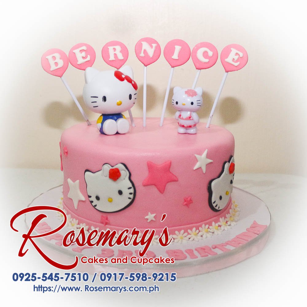 Delicious pink Hello Kitty themed cake by Rosemary's Cakes, perfect for celebrations. Contact: 0925-545-7510.