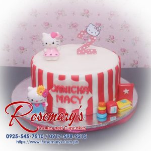 Delicious Hello Kitty themed 1-layer cake in pink and red, perfect for celebrations. Order from Rosemary's Cakes: 0917-598-9215.