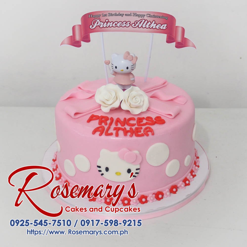 Delicious one-layer Hello Kitty themed cake with pink frosting and white accents. Perfect for any celebration! Order from Rosemary's Cakes: 0917-598-9215.