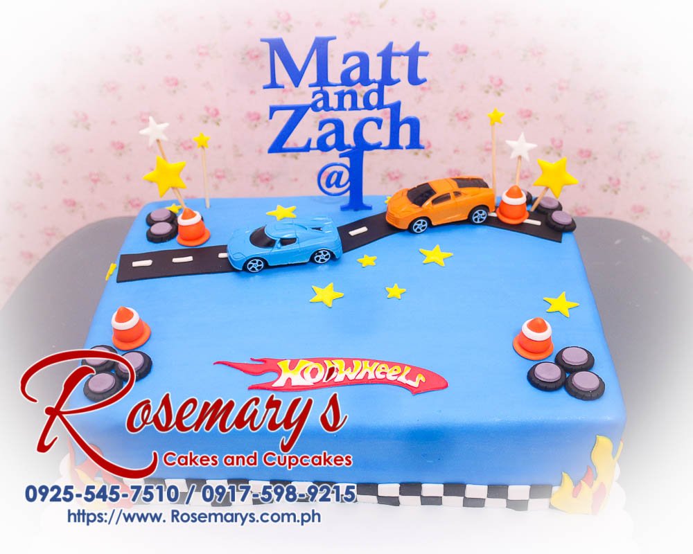 Delicious blue 1-layer Hot Wheels themed cake topped with a 3D printed car. Order from Rosemary's Cakes at 0925-545-7510.