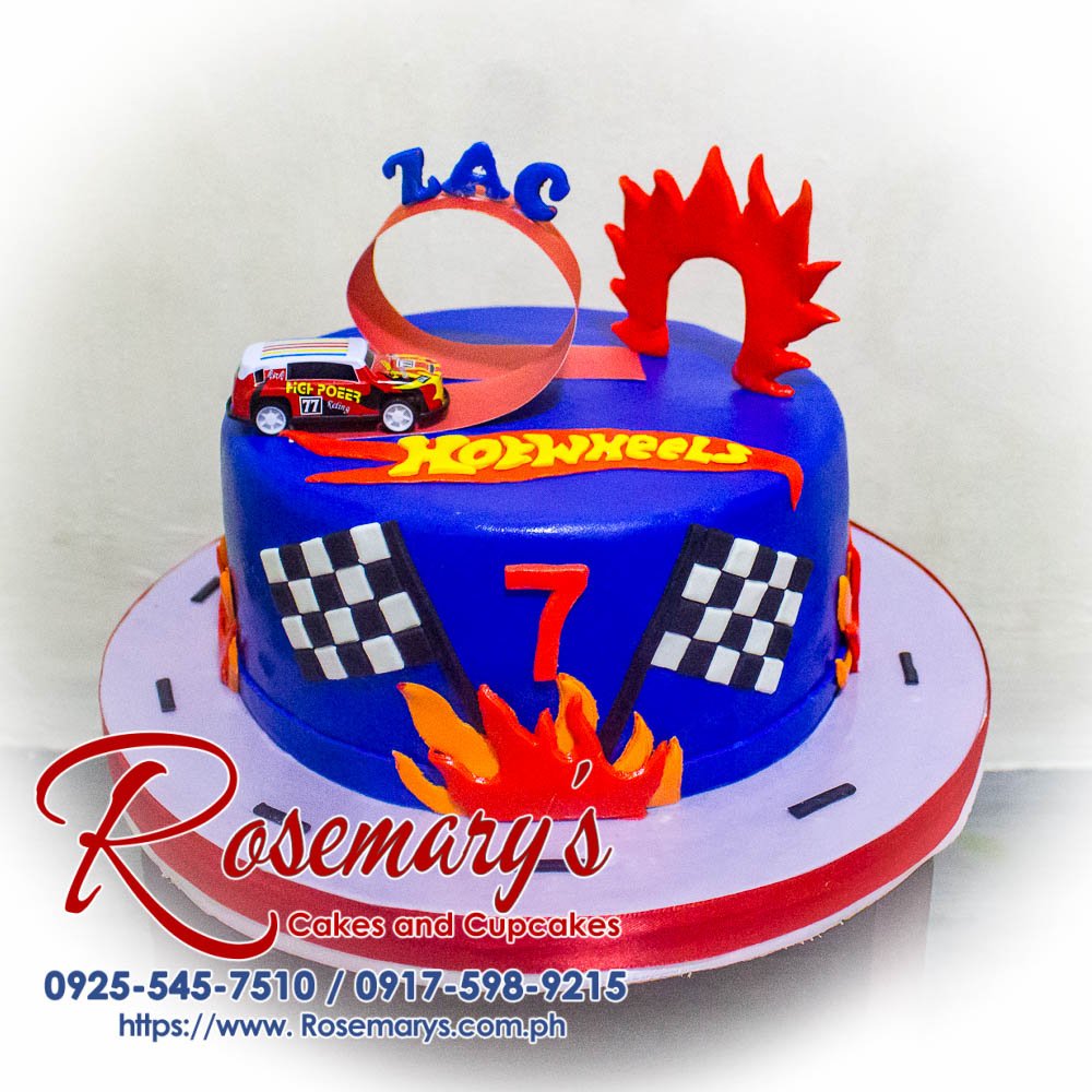 Delicious single-layer Hot Wheels themed cake featuring intricate car detailing and a vibrant racing track design. Order yours from Rosemary's Cakes! Call 0917-598-9215.