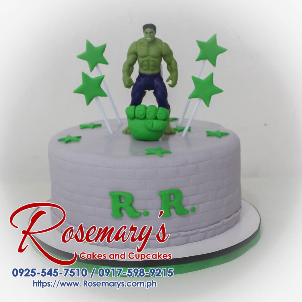 Delicious single-layer Hulk themed cake with vibrant green frosting and edible Hulk fist. Order your custom cake from Rosemary's Cakes: 0917-598-9215