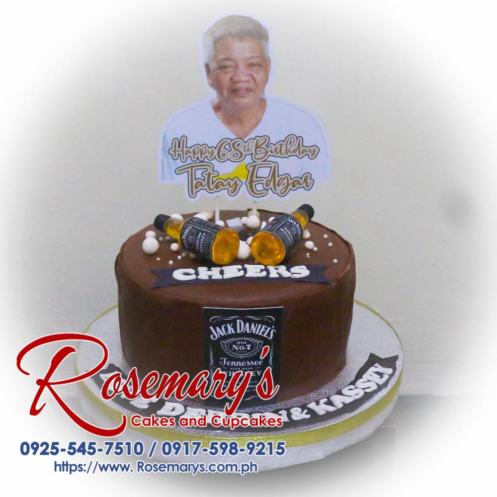 Jack Daniels Themed Cake for Tatay Edgar’s 68th Birthday Delicious Jack Daniels themed 1-layer cake by Rosemary's Cakes, perfect for celebrations. Contact: 0917-598-9215.