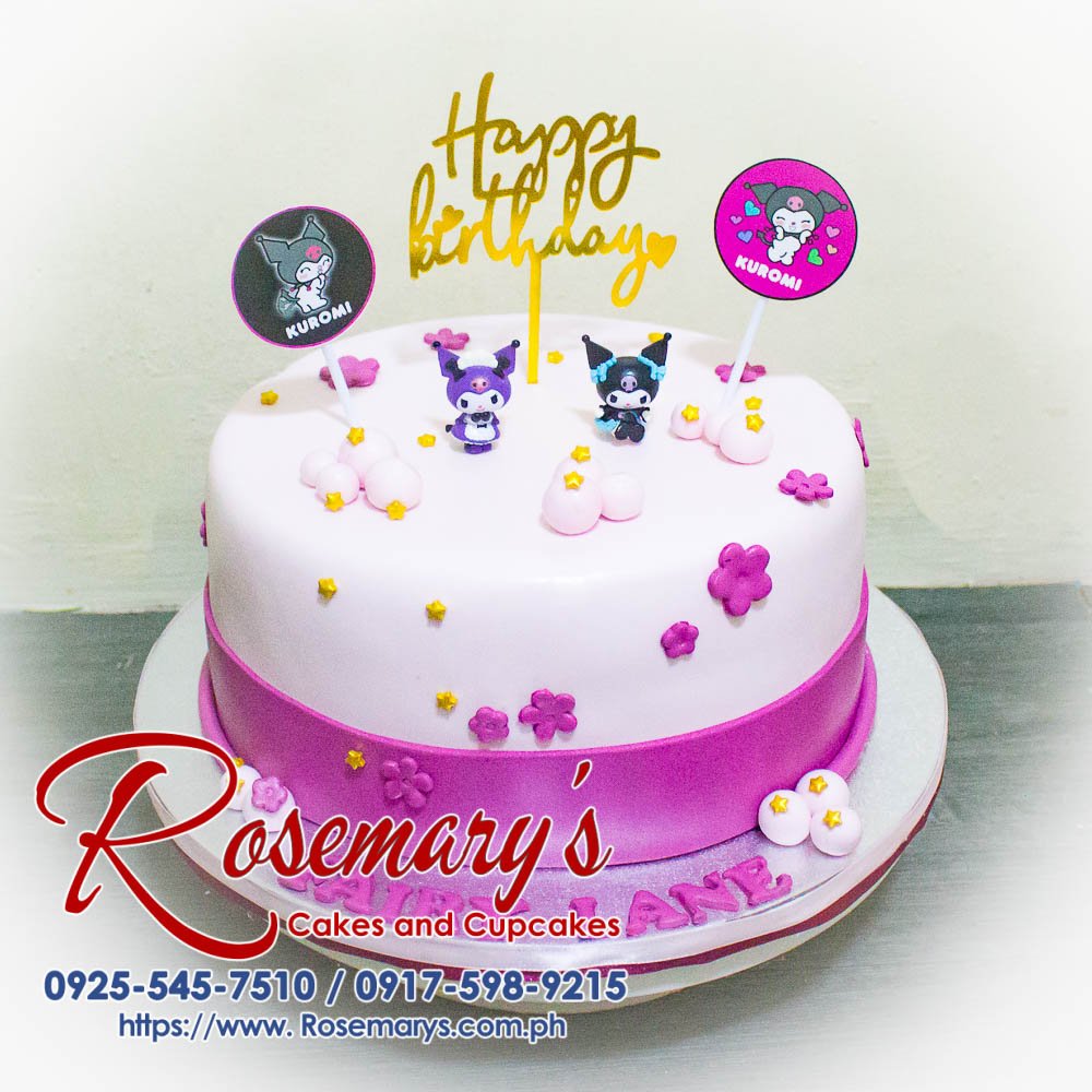 Delicious pink and purple Kuromi themed birthday cake with intricate details. Order your custom cake from Rosemary's Cakes! 0925-545-7510