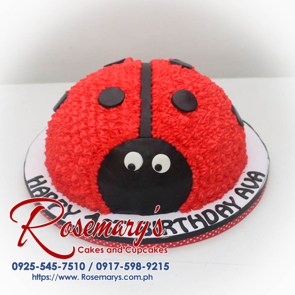 Delicious one-layer black cake decorated with adorable red ladybugs. Perfect for birthdays! Order yours from Rosemary's Cakes: 0917-598-9215.