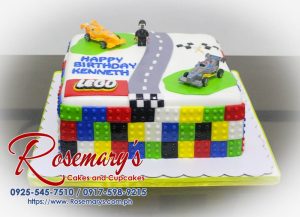 One-layer Lego cake with colorful frosting details and brick design. Order your custom cakes from Rosemary's Cakes! Call 0925-545-7510.