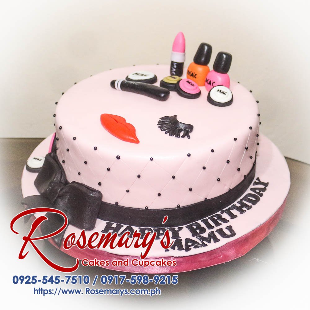 Delicious pink makeup themed 1 layer cake by Rosemary's Cakes, perfect for any celebration. Contact 0917-598-9215.