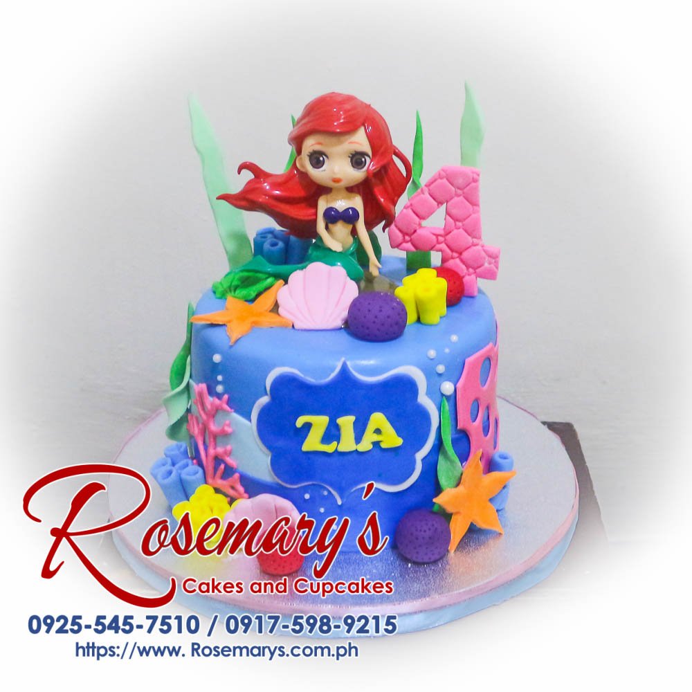 Delicious 1 layer mermaid themed cake with vibrant underwater designs, perfect for celebrations. Order from Rosemary's Cakes: 0925-545-7510.