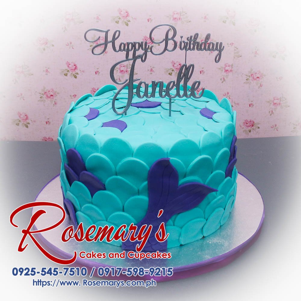 Delicious one-layer mermaid-themed cake by Rosemary's Cakes, featuring a 3D printed topper in vibrant blue. Contact: 0917-598-9215.
