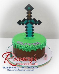 Delicious one-layer Minecraft cake with brown and green frosting details. Custom cakes by Rosemary's Cakes, call 0917-598-9215.