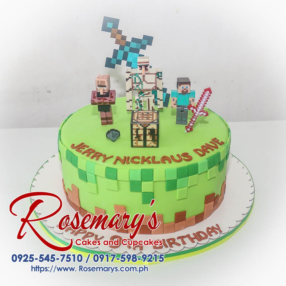 One-layer green Minecraft themed cake with detailed fondant designs. Delicious and perfect for any celebration! Order yours from Rosemary's Cakes: 0925-545-7510.