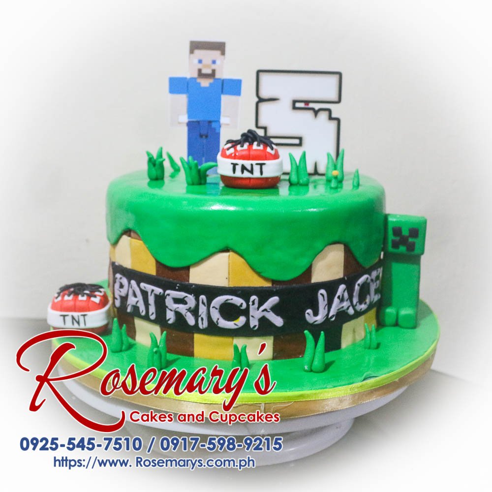 Minecraft Themed Cake for Patrick Jace Delicious Minecraft-themed 1-layer cake in vibrant green, perfect for fans. Order from Rosemary's Cakes at 0917-598-9215.