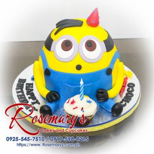 Delicious Minions-themed cake from Rosemary's Cakes, featuring a vibrant blue and yellow design. Contact: 0917-598-9215.