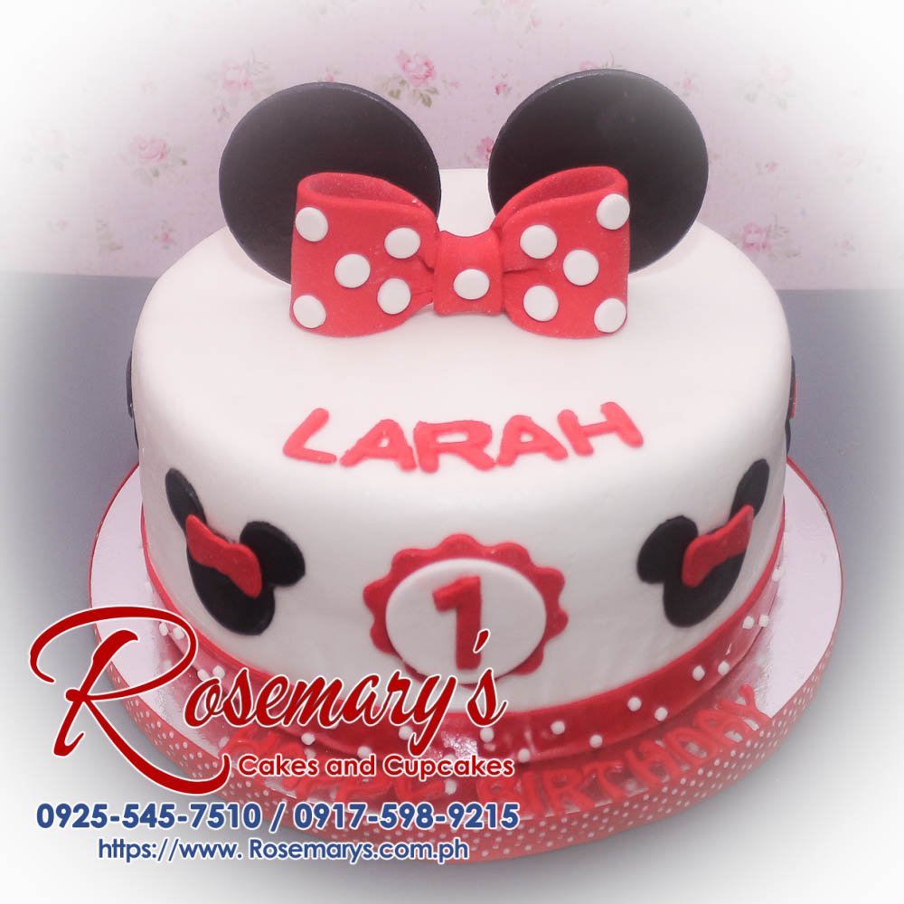 Delicious 1-layer black Minnie Mouse themed cake with red ribbon details. Order from Rosemary's Cakes at 0925-545-7510.