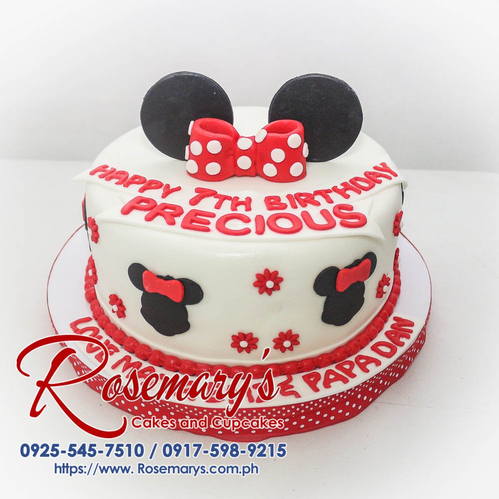 Minnie Mouse Themed Cake for Precious Delicious one-layer Minnie Mouse themed cake with black, red, and white accents. Perfect for birthdays! Order yours from Rosemary's Cakes: 0917-598-9215.