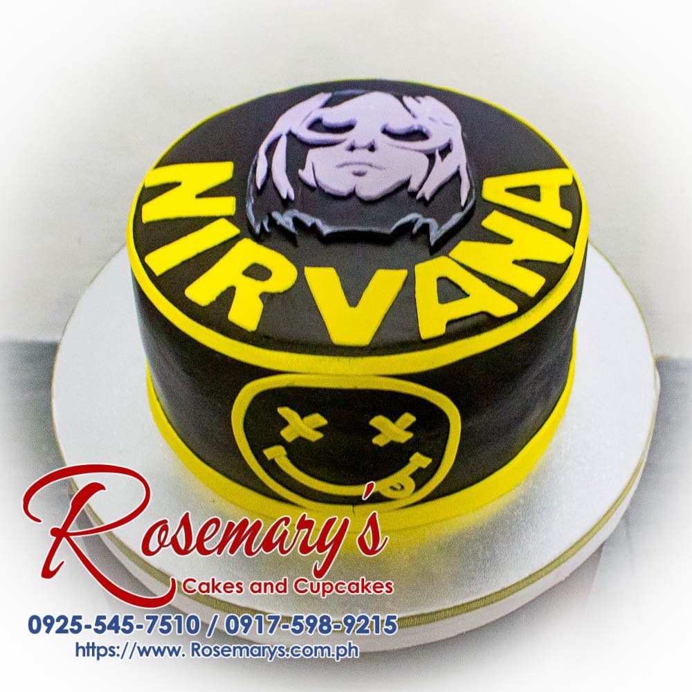 Delicious black and yellow Nirvana-themed 1-layer cake by Rosemary's Cakes. Call us for custom orders: 0917-598-9215.