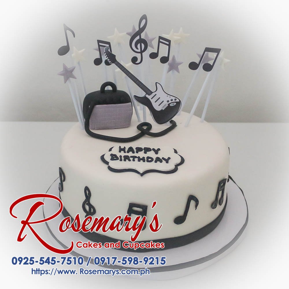 Notes-Guitar Themed 1 Layer Cake Delicious 1-layer cake decorated with musical notes and a guitar design. Perfect for music lovers! By Rosemary's Cakes (0925-545-7510)