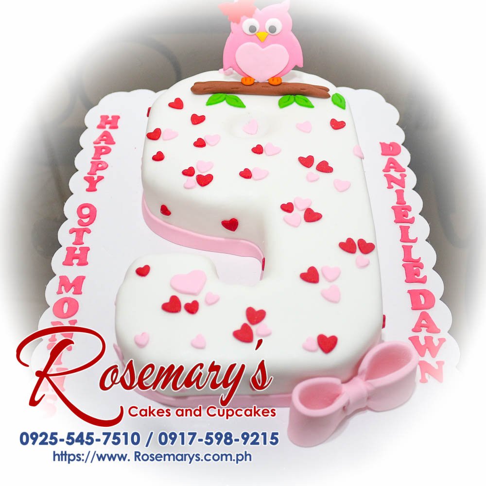 Delicious pink number cake featuring an adorable owl and ribbon, perfect for themed celebrations. From Rosemary's Cakes, call 0925-545-7510.