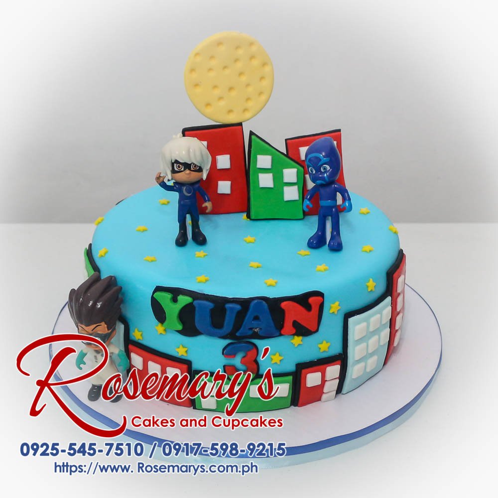 Delicious blue PJ Masks themed cake, perfect for a superhero celebration. One-layer and bursting with flavor! Order your custom cake from Rosemary's Cakes: 0925-545-7510