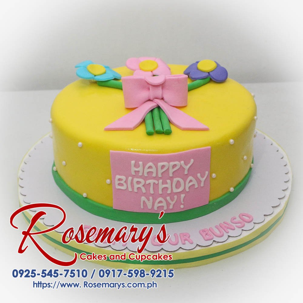 Pastel Floral Cake One-layer yellow cake adorned with delicate pink and pastel floral decorations. Deliciously crafted by Rosemary's Cakes. Call 0925-545-7510.