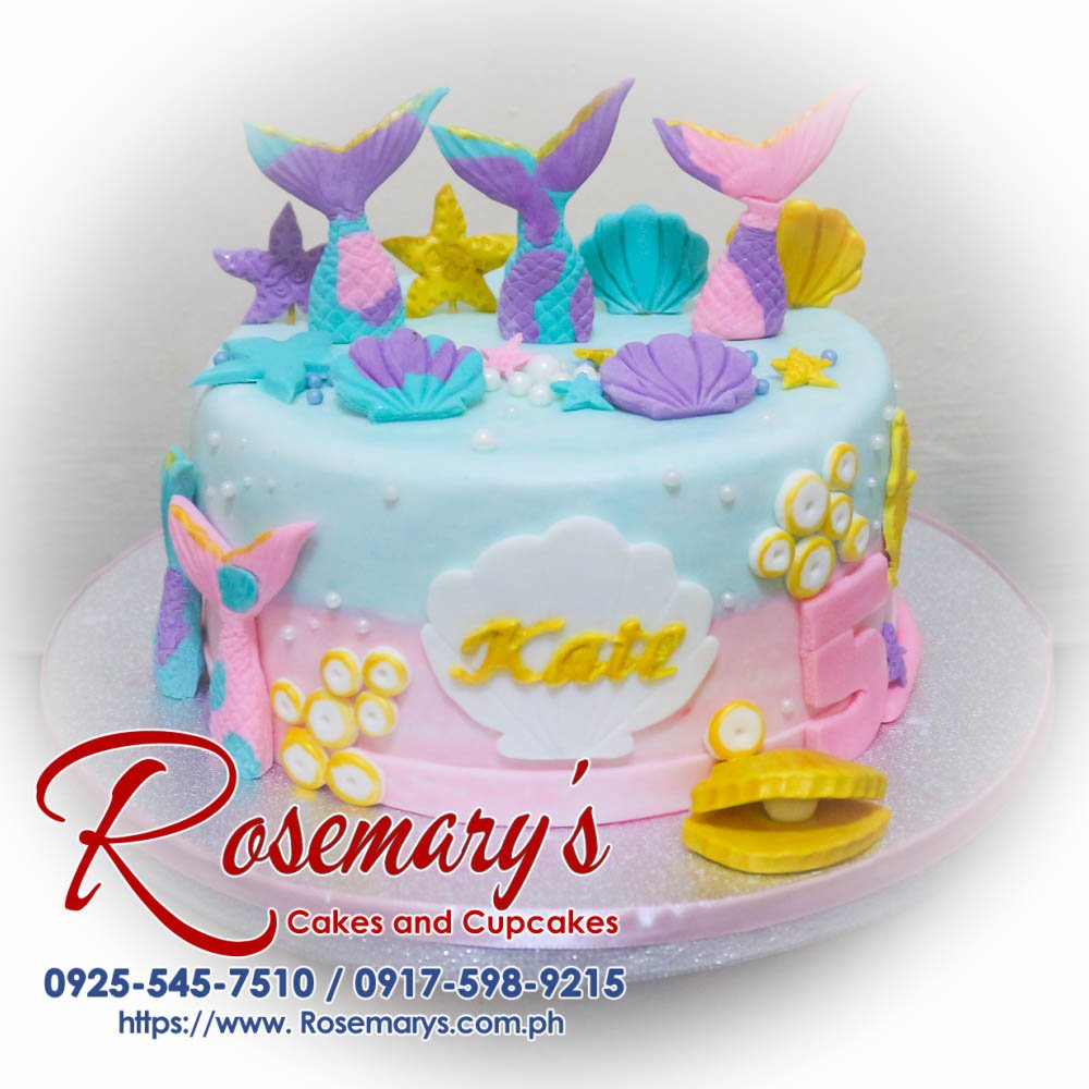 Pastel mermaid-themed 1-layer cake, adorned with vibrant decorations. Order delicious cakes at Rosemary's Cakes, 0917-598-9215.